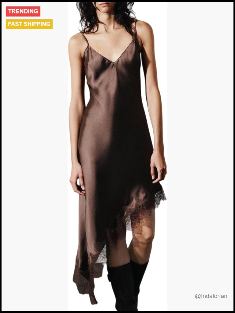 Lace Satin Asymmetrical High Low Spaghetti Strap Slip Dress